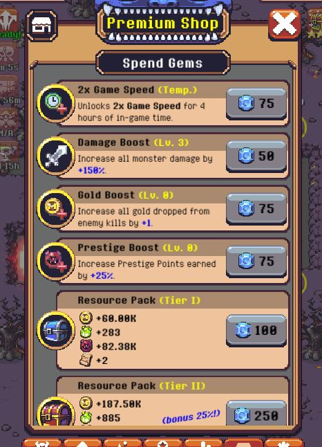 idle monster td gem spending