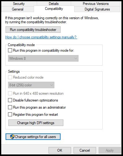 Properties Compatibility Menu