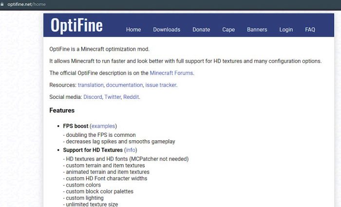 Optifine Mod Webpage