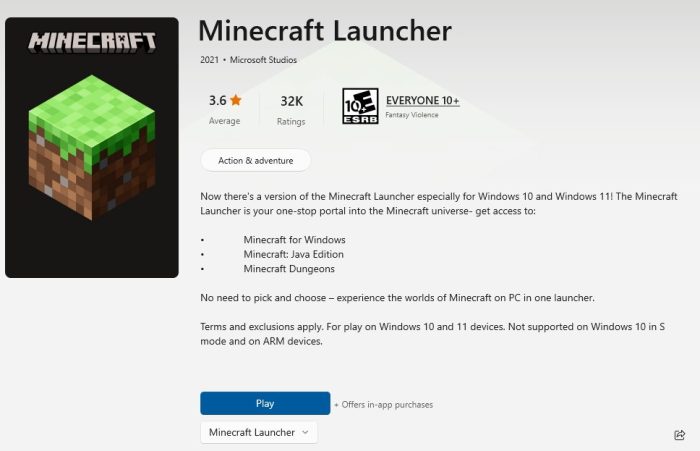 Minecraft Launcher in Microsoft Store