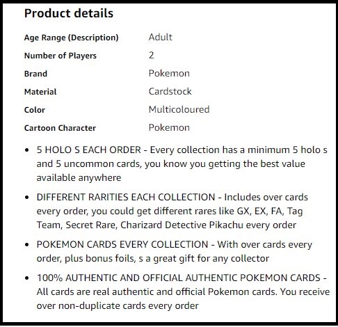 Product Details for Pokemon Cards in Amazon 