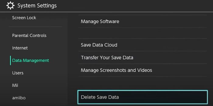 Data Management menu in Pokémon Scarlet and Violet