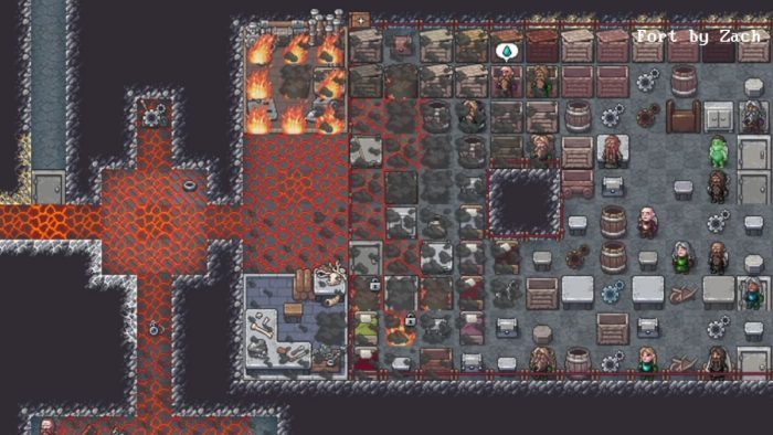 Mining magma in Dwarf Fortress.