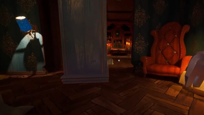 Interact with the blue lamp on the left and pick up the weight from the cardboard box on the right in Hello Neighbor 2.