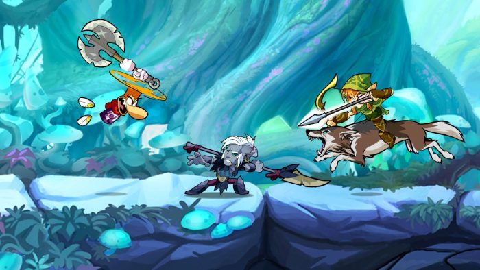 Rayman, Dusk, and Ember in Brawlhalla.