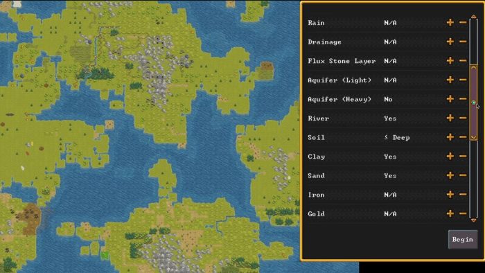 Select options from the filters on the right side to change embark settings in Dwarf Fortress.