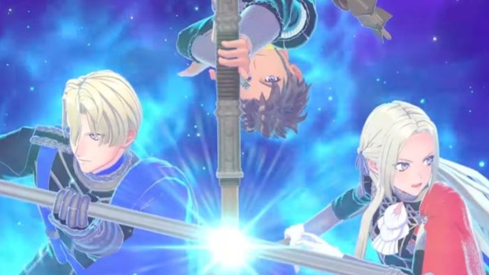 DLC Emblem Edelgard, Dimitri, and Claude in Fire Emblem Engage.