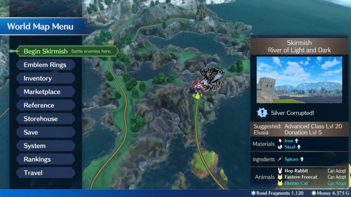 Find silver corrupted skirmishes on the world map menu in Fire Emblem Engage.