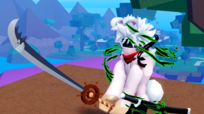 Wielding the buddy sword in Roblox Blox Fruits.