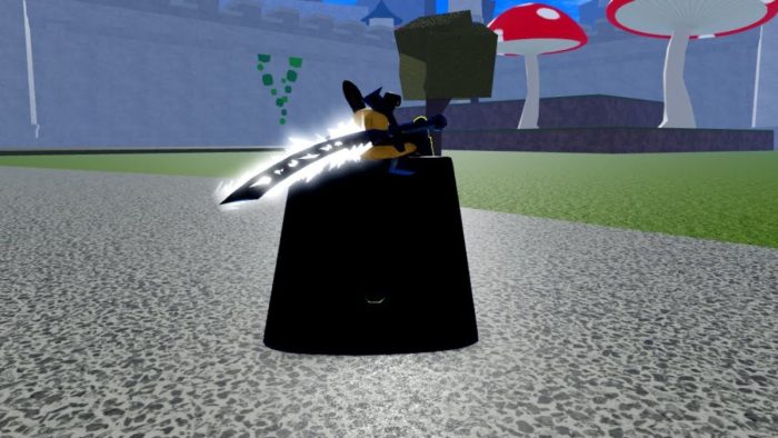 Wielding the Dark Blade in Roblox Blox Fruits.