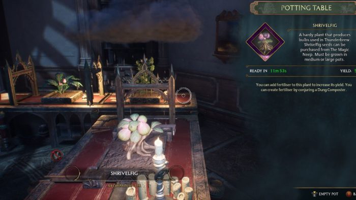 Plant Shrivelfig seeds and more in potting tables in Hogwarts Legacy.