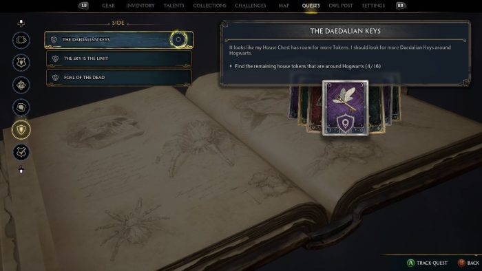 Side quest tab in Hogwarts Legacy.