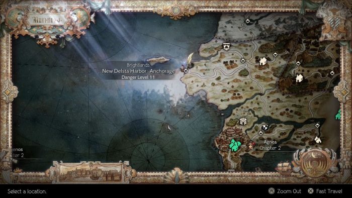 Travel to the nearest port and use the ferry to travel around the map in Octopath Traveler 2.