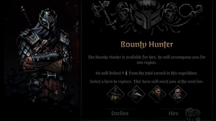 Hire the Bounty Hunter from an Inn during a run in Darkest Dungeon 2.