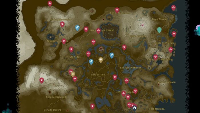 The red markers are all Hinox spawns in Central Hyrule. Image source: Tears of the Kingdom Interactive Map | Map Genie.