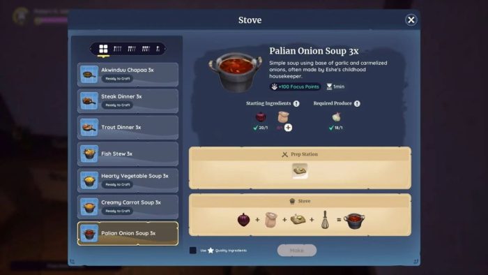 Palia Half-Boiled quest walkthrough - all page locations - Palian Onion Soup recipe.