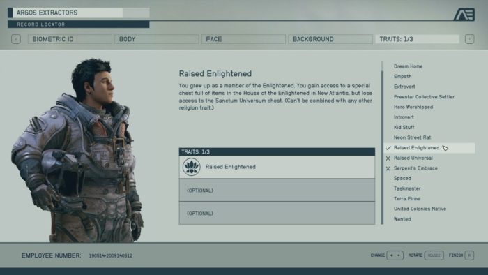 Best traits in Starfield - Raised Enlightened and Raised Universal traits.