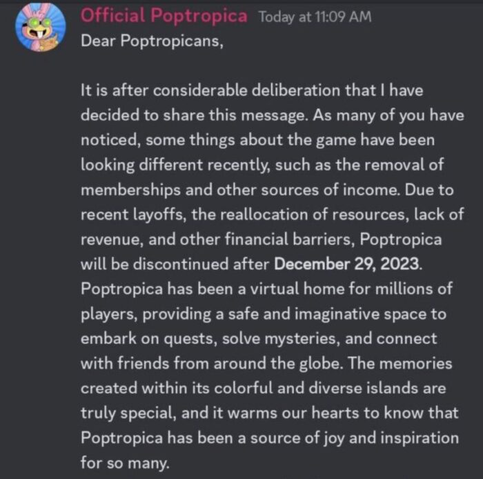 Fake Poptropica closure message