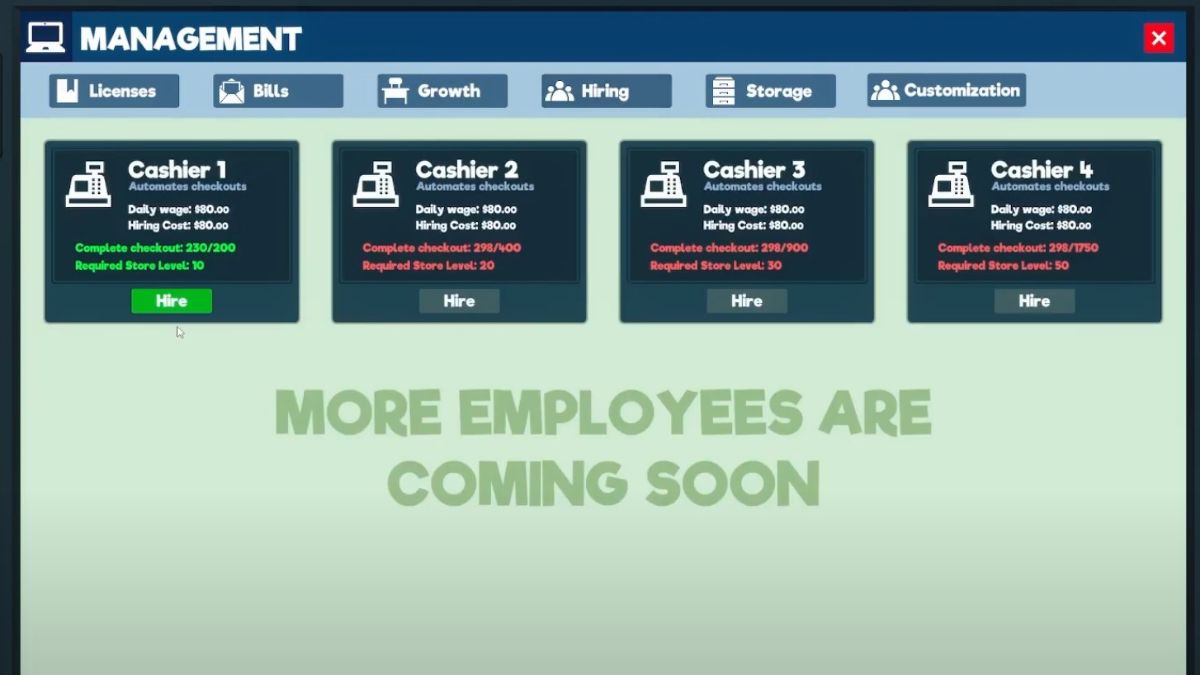 Employee guide in Supermarket Simulator - how to hire more workers.